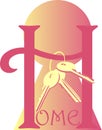 Illustration with the inscription house, house keys and a keyhole as a background, pink and yellow colors